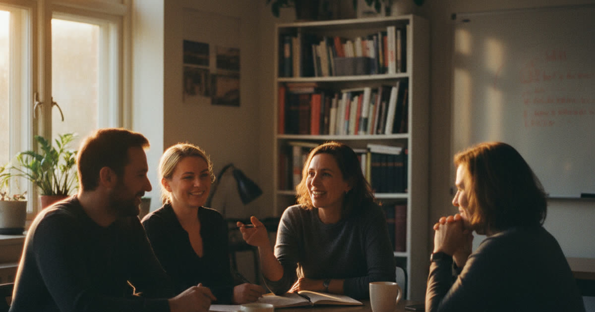 Adult students comparing English course options at a table with notebooks