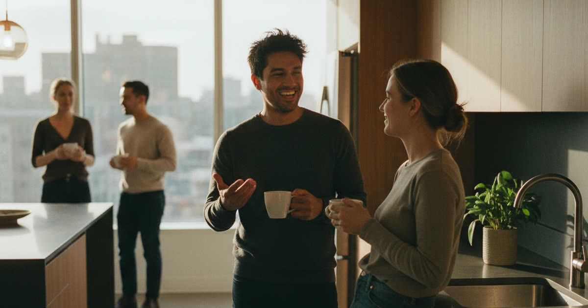 Two colleagues talking casually while making coffee in an office kitchen